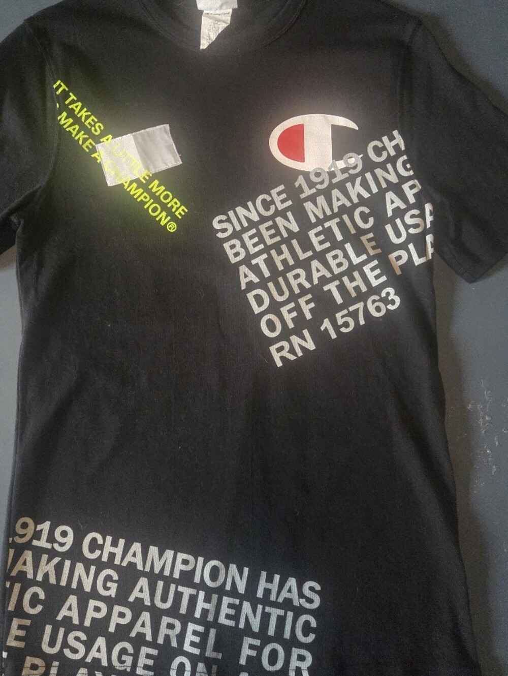 Champion Black Graphic Logo Tee with White & Neon Yellow Print